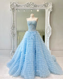 Elegant A Line Sweetheart Tulle Light Blue Tiered Prom Dress with Slit Rjerdress