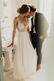 Elegant A Line Tulle Ivory V Neck Wedding Dresses With Pearls, V Back Beach Bride Dresses RJS15153