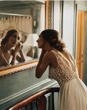 Elegant A Line Tulle Ivory V Neck Wedding Dresses With Pearls, V Back Beach Bride Dresses RJS15153 Rjerdress