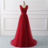 Elegant A Line Tulle Lace Appliques V Neck Backless Beads Red Long Prom Dresses RJS41 Rjerdress