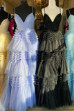 Elegant A Line Tulle Layered Deep V Neck Prom Dresses High Slit Black Evening Dresses RJS562 Rjerdress