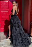 Elegant A Line Tulle Layered Deep V Neck Prom Dresses High Slit Black Evening Dresses RJS562 Rjerdress