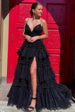 Elegant A Line Tulle Layered Deep V Neck Prom Dresses High Slit Black Evening Dresses RJS562