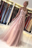 Elegant A Line Tulle Straps Prom Dresses with Lace Long Cheap Evening Dress Rjerdress