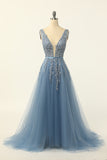 Elegant A-Line Tulle V-Neck V-Back Appliques Beads Blue Cheap Prom Dresses Rrjs496