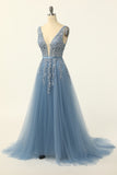 Elegant A-Line Tulle V-Neck V-Back Appliques Beads Blue Cheap Prom Dresses Rrjs496 Rjerdress