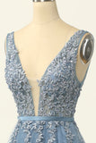 Elegant A-Line Tulle V-Neck V-Back Appliques Beads Blue Cheap Prom Dresses Rrjs496 Rjerdress