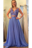 Elegant A Line Two Piece Blue V-Neck Beads Chiffon Evening Prom Dresses RJS790