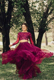 Elegant A Line Two Piece Burgundy Long Sleeve Beads Organza Open Back Long Prom Dresses RJS24