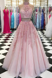 Elegant A Line Two Piece Dusty Rose Beaded Tulle High Neck Lace Long Prom Dresses RJS864