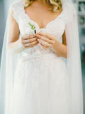 Elegant A-Line V Neck Cap Sleeves Tulle Appliques White Wedding Dresses with Lace Rjerdress