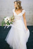 Elegant A-Line V Neck Cap Sleeves Tulle Appliques White Wedding Dresses with Lace Rjerdress