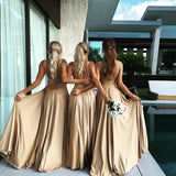 Elegant A-Line V-Neck Elastic Satin Backless Ruffles Sleeveless Bridesmaid Dress with Split Rjerdress