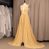 Elegant A-Line V-Neck Elastic Satin Backless Ruffles Sleeveless Bridesmaid Dress with Split Rjerdress