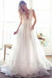 Elegant A Line V Neck Ivory Straps Lace Wedding Gowns with Applique R1020