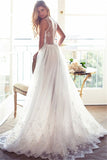 Elegant A Line V Neck Ivory Straps Lace Wedding Gowns with Applique R1020 Rjerdress