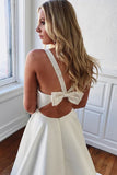 Elegant A Line V Neck Ivory Wedding Dresses With Pockets Open Back Satin Bowknot Wedding Gowns Rjerdress