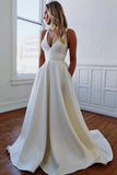Elegant A Line V Neck Ivory Wedding Dresses With Pockets Open Back Satin Bowknot Wedding Gowns