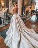 Elegant A Line V Neck Lace Wedding Dresses Backless Chapel Train Tulle Bride Dresses Rjerdress