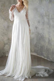Elegant A Line V Neck Long Sleeve Ivory Lace Backless Beach Boho Wedding Dresses Rjerdress