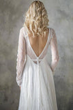 Elegant A Line V Neck Long Sleeve Ivory Lace Backless Beach Boho Wedding Dresses Rjerdress