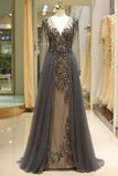 Elegant A Line V Neck Long Sleeves Tulle Grey Prom Dresses with Beading RJS85 Rjerdress