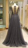 Elegant A Line V Neck Long Sleeves Tulle Grey Prom Dresses with Beading RJS85 Rjerdress