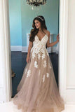 Elegant A Line V Neck Open Back Spaghetti Straps Tulle Prom Dresses with Lace Appliques RJS138 Rjerdress