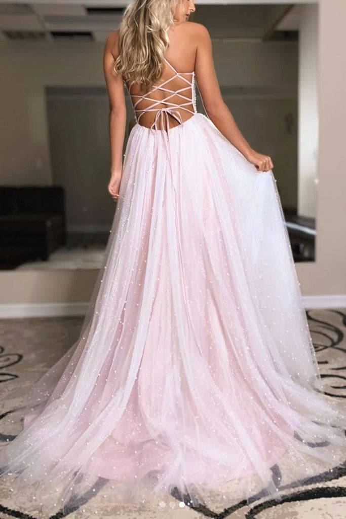 Elegant A Line V Neck Open Back Split Light Pink Beaded Long Tulle Prom Dress Evening Dresses RJS214 Rjerdress