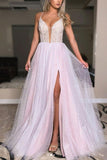 Elegant A Line V Neck Open Back Split Light Pink Beaded Long Tulle Prom Dress Evening Dresses RJS214