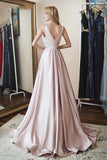Elegant A Line V Neck Satin Beads V Back Pink Sleeveless Long Prom Dresses Rrjs36 Rjerdress