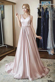 Elegant A Line V Neck Satin Beads V Back Pink Sleeveless Long Prom Dresses Rrjs36