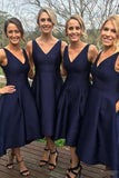 Elegant A-Line V-Neck Sleeveless Hi-Low Navy Blue Satin Bridesmaid Dress Rjerdress