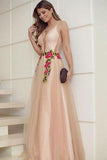 Elegant A Line V Neck Spaghetti Straps Tulle Sleeveless Appliques Long Prom Dresses RJS693