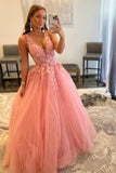 Elegant A Line V Neck Tulle Lace Appliques Long Blush Open Back Prom Dresses