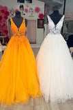 Elegant A Line V Neck Tulle Lace Appliques Long Blush Open Back Prom Dresses Rjerdress