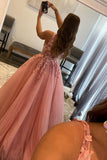 Elegant A Line V Neck Tulle Lace Appliques Long Blush Open Back Prom Dresses Rjerdress
