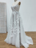 Elegant A Line V Neck Tulle Straps Open Back Ivory Sleeveless Wedding Dresses UK Lace Appliques Rjerdress