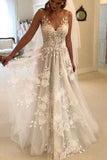 Elegant A Line V Neck Tulle Straps Open Back Ivory Sleeveless Wedding Dresses UK Lace Appliques