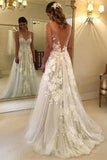 Elegant A Line V Neck Tulle Straps Open Back Ivory Sleeveless Wedding Dresses UK Lace Appliques Rjerdress