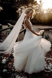 Elegant A Line V Neck Tulle Wedding Dresses with Flowers, V Back Beach Wedding Gowns Rjerdress