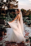 Elegant A Line V Neck Tulle Wedding Dresses with Flowers, V Back Beach Wedding Gowns Rjerdress