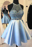 Elegant A-line Jewel Short Halter Sleeveless Satin Beads Light Blue Short Prom Dresses RJS927 Rjerdress