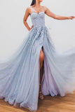 Elegant A line Light Blue Tulle Prom Dresses with Appliques Sweetheart Evening Dress RJS749 Rjerdress