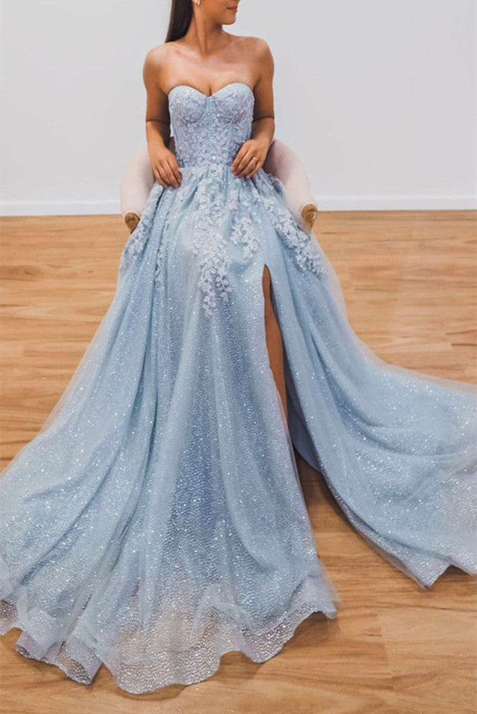 Elegant A line Light Blue Tulle Prom Dresses with Appliques Sweetheart Evening Dress RJS749 Rjerdress