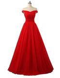 Elegant A-line Off Shoulder Red Lace-up Floor-Length Simple Prom Dresses RJS772 Rjerdress