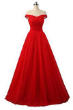 Elegant A-line Off Shoulder Red Lace-up Floor-Length Simple Prom Dresses RJS772