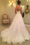 Elegant A-line Scoop Sweep Train Sleeveless Wedding Dress with Ivory Appliques Rjerdress