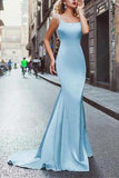 Elegant Amazing Beading Satin Scoop Mermaid Blue Backless Sleeveless Long Prom Dresses rjs225
