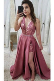 Elegant Appliques Satin Prom Dress Sleeveless Deep V Neck Long Formal Dress RJS383